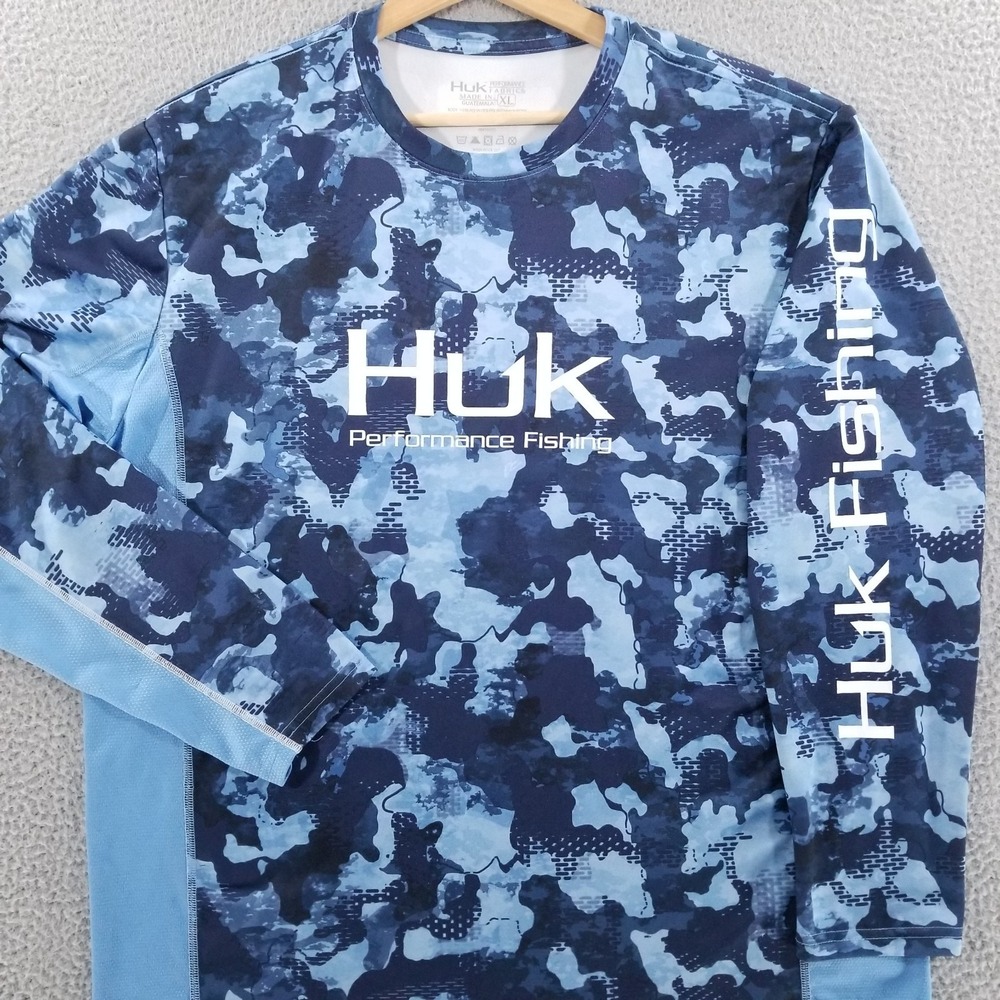 Huk Fishing Shirt Mens XL Blue Camo Icon Mesh Performance Jersey Outdoor Vented